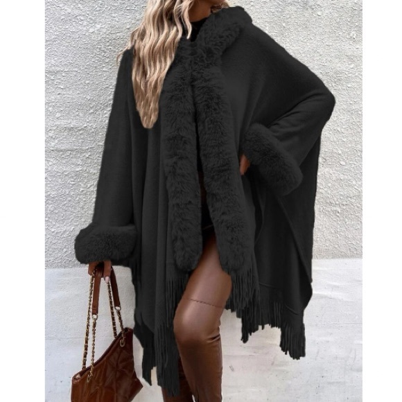 Cozy vegan fur dolman sleeve tssel poncho shawl scarf wrap cardigan - Picture 9 of 16